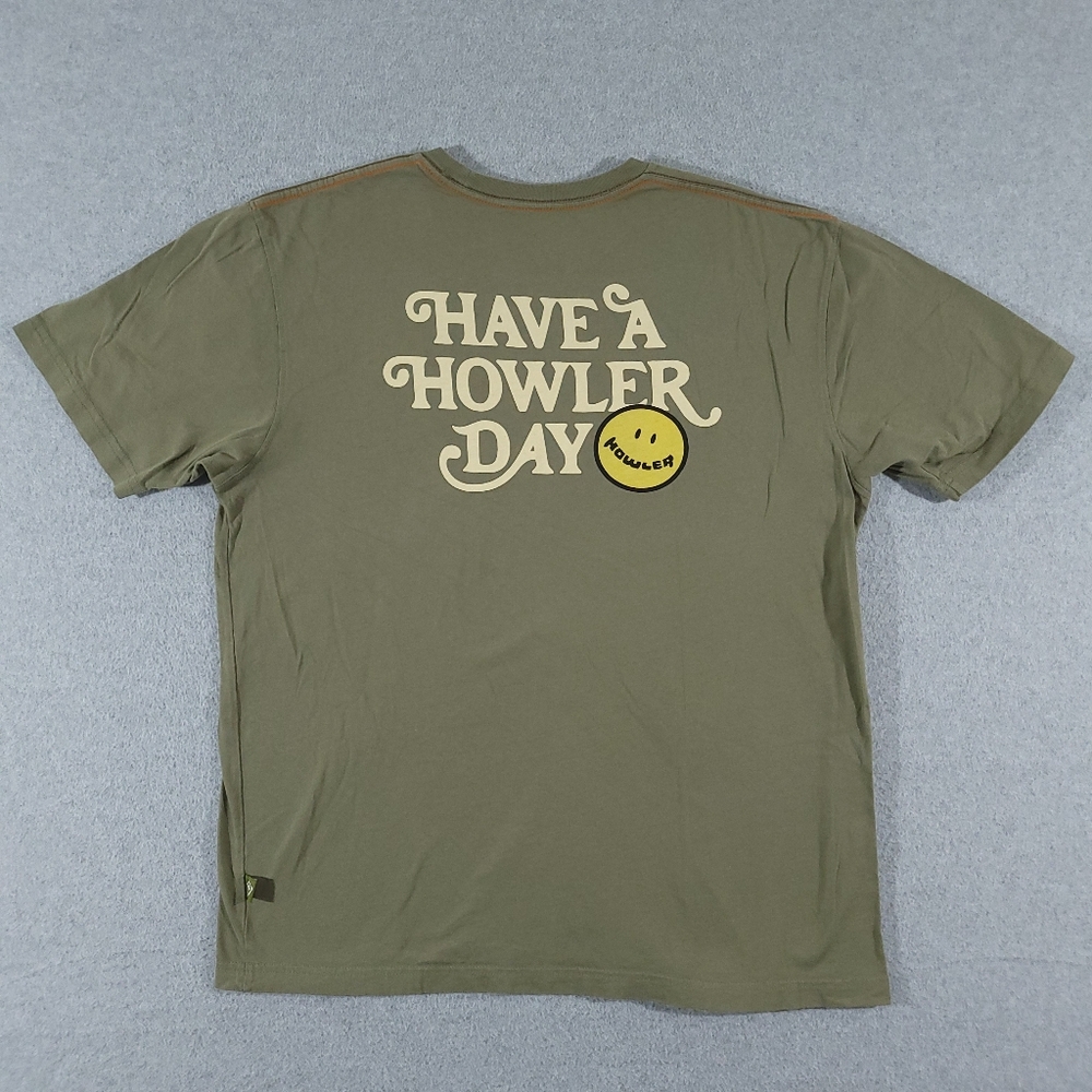 Howler Brothers Olive Green Short Sleeve Tee with Yellow Smiley Logo
